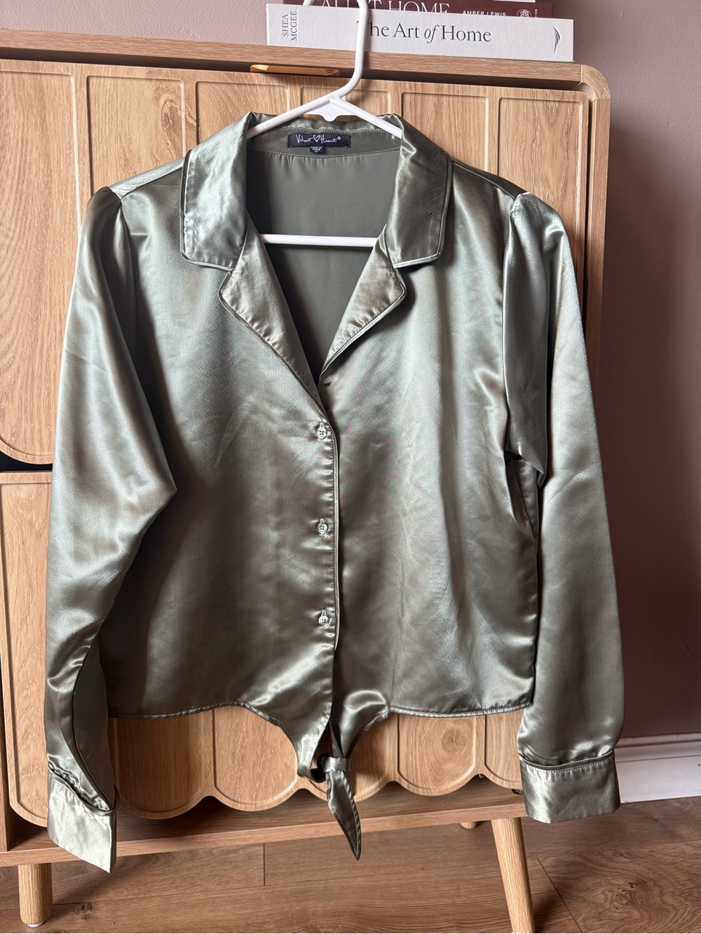 Velvet Heart Olive Satin Tie-Hem Blouse Jacket